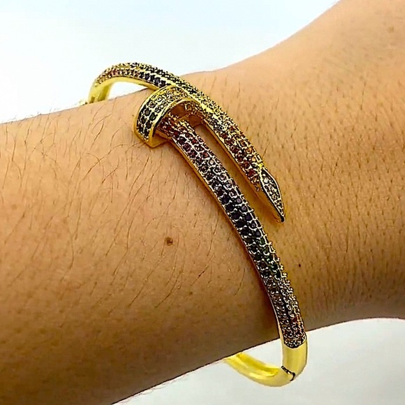 Gold Nail Multicolor Zircon Bangle Screw Tack Bracelet - Picture 2 of 7